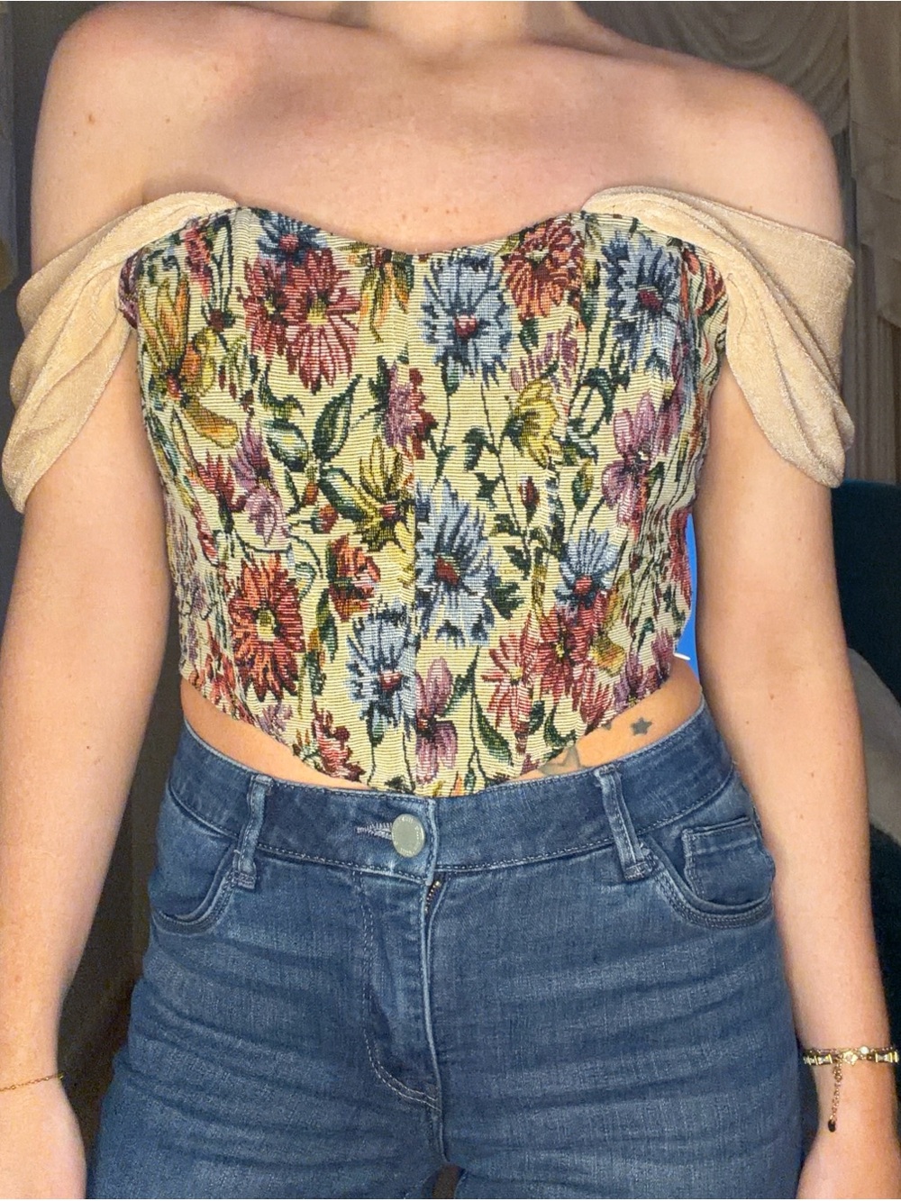 Floral Tapestry Off-Shoulder Corset Top - Multicolor